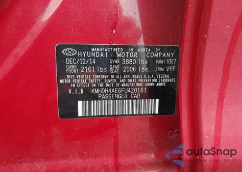 2015 Hyundai Elantra Se z USA, uszkodzony, nr VIN KMHDH4AE6FU420161